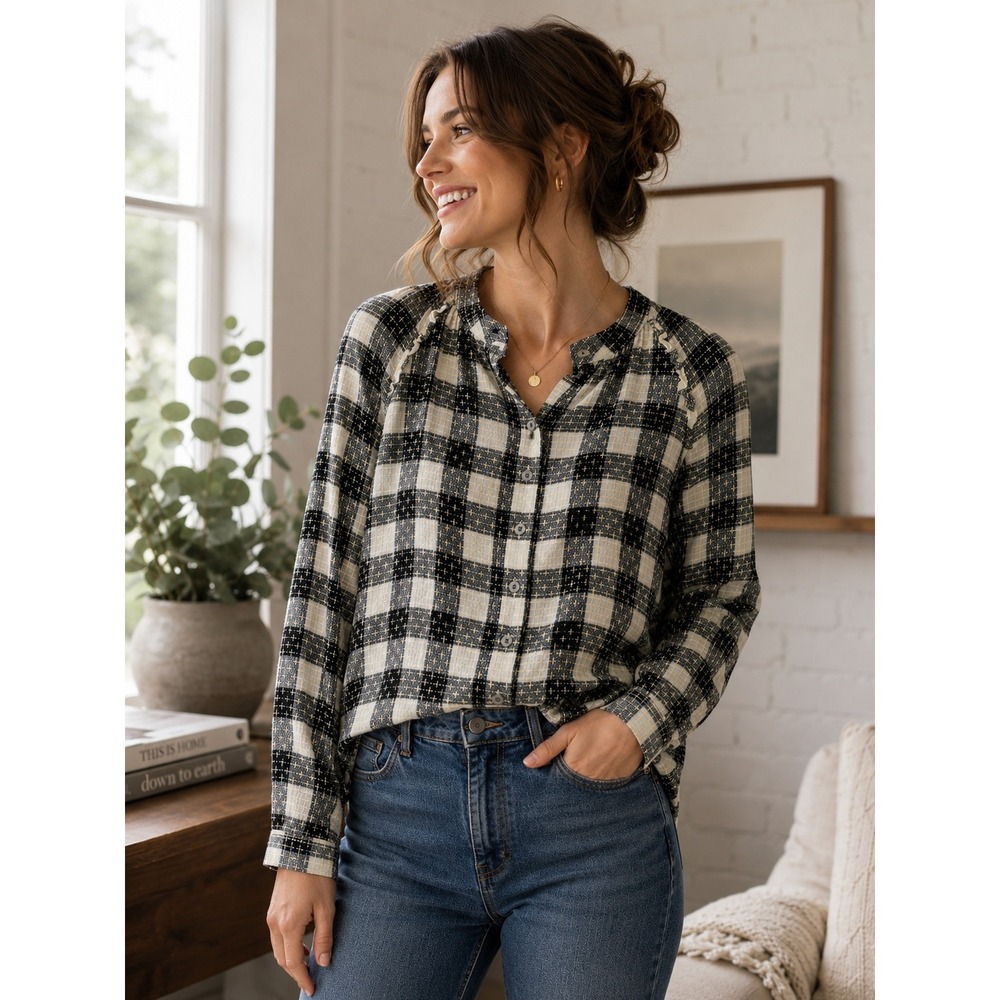 Pilcro Anthropologie Plaid Blouse Women Large Black Cream Wool Blend Boho Top